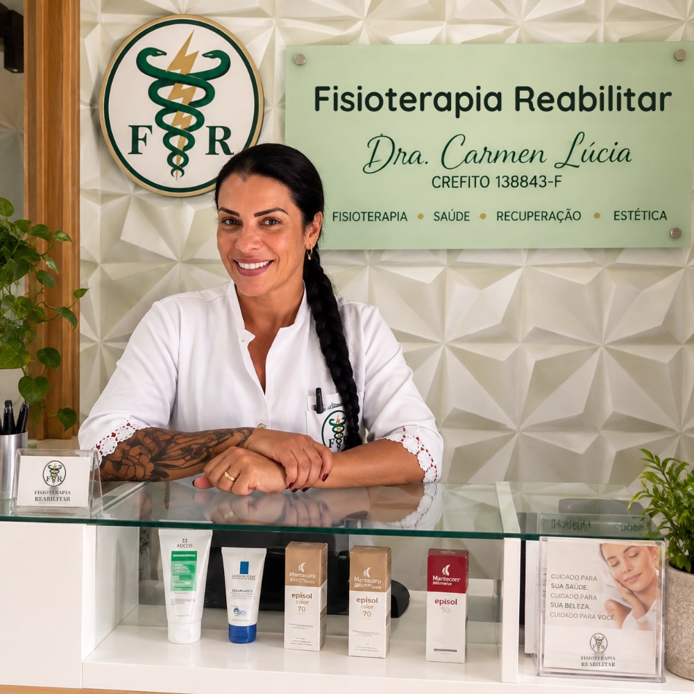 Dra. Carmen Lúcia na recepção da Fisioterapia Reabilitar